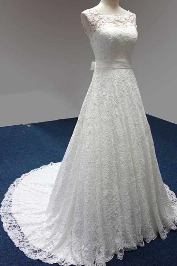 Bateau-Ausschnitt A-Linie Spitze Schärpe Schleife Ärmelloses Brautkleid WD158 
