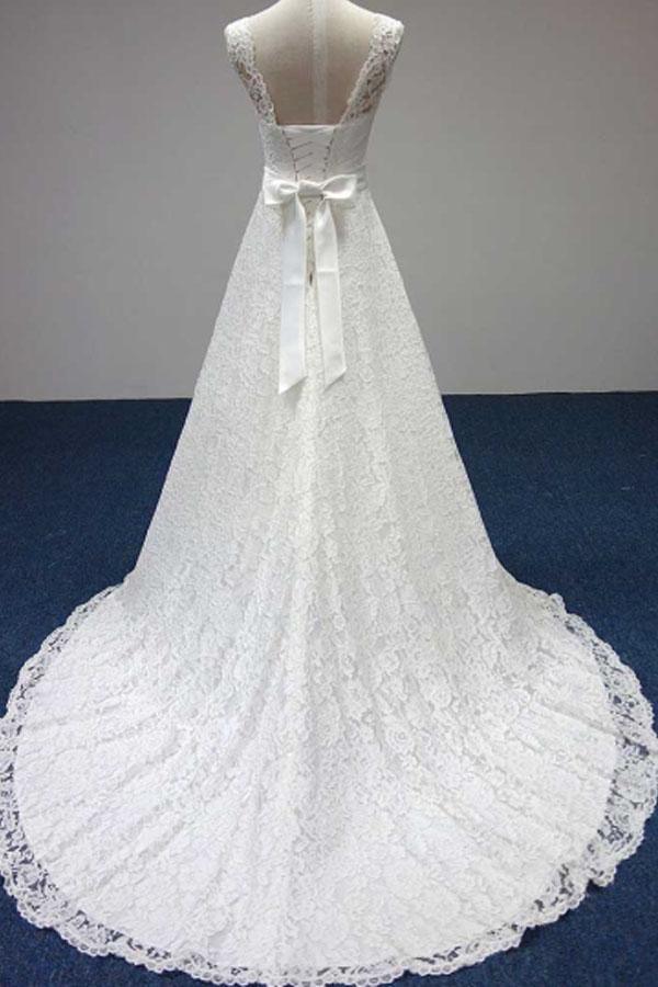 Vestido de novia barco, corte A, con encaje, lazo y sin mangas WD158