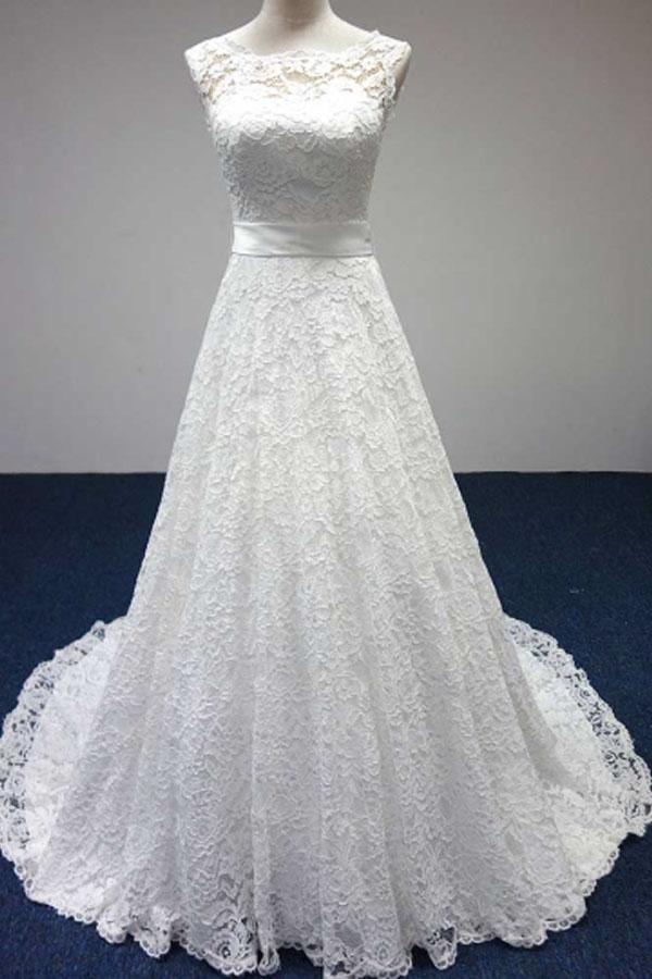Vestido de novia barco, corte A, con encaje, lazo y sin mangas WD158