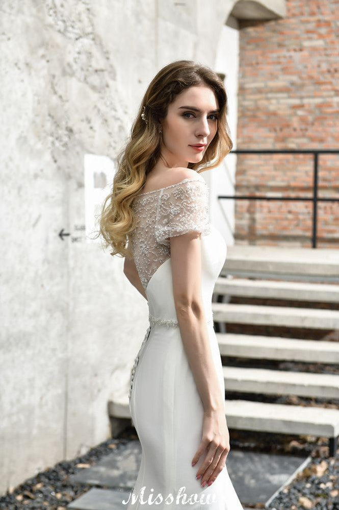 Vestido de novia de sirena, ajustado, de manga corta y estilo barco, de satén, con cola larga y corte en A