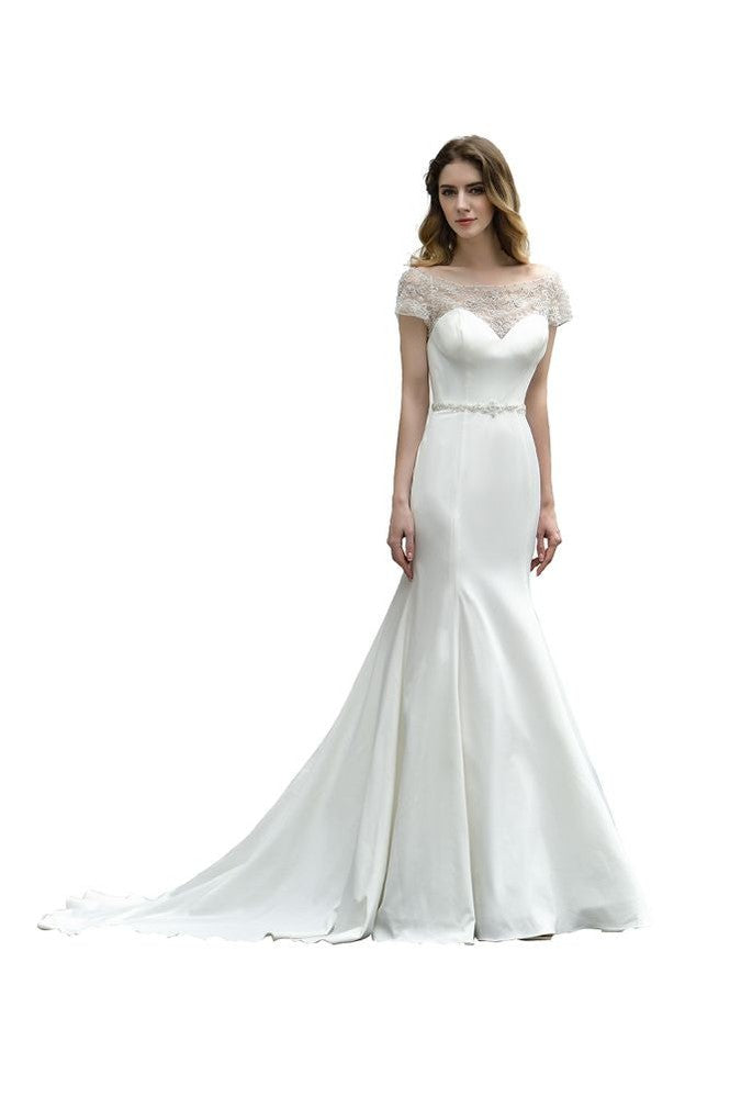 Vestido de novia de sirena, ajustado, de manga corta y estilo barco, de satén, con cola larga y corte en A