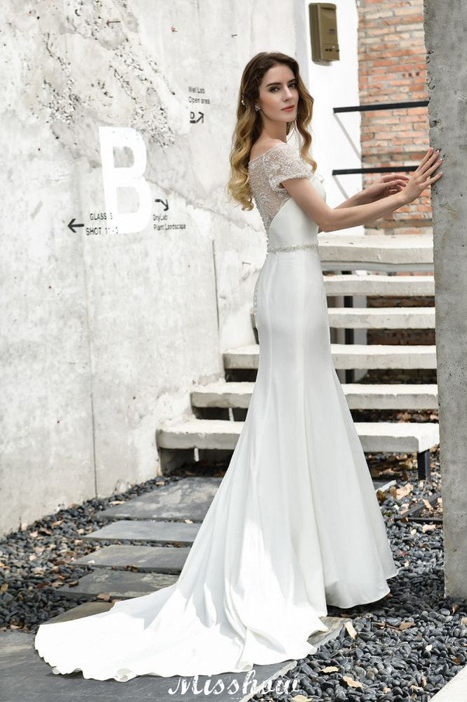 Vestido de novia de sirena, ajustado, de manga corta y estilo barco, de satén, con cola larga y corte en A