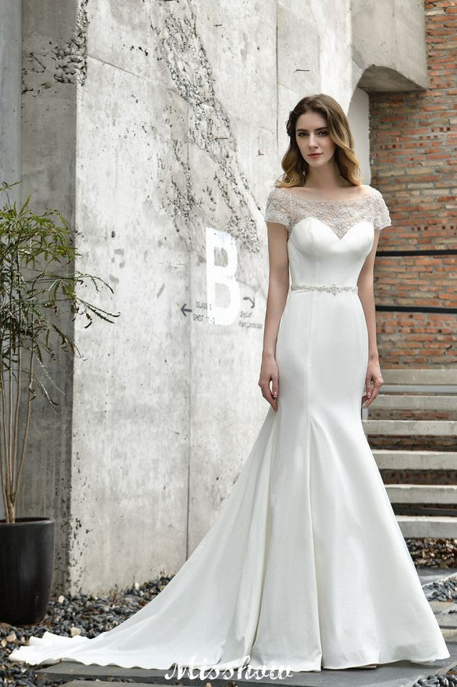 Vestido de novia de sirena, ajustado, de manga corta y estilo barco, de satén, con cola larga y corte en A