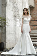 Vestido de novia de sirena, ajustado, de manga corta y estilo barco, de satén, con cola larga y corte en A