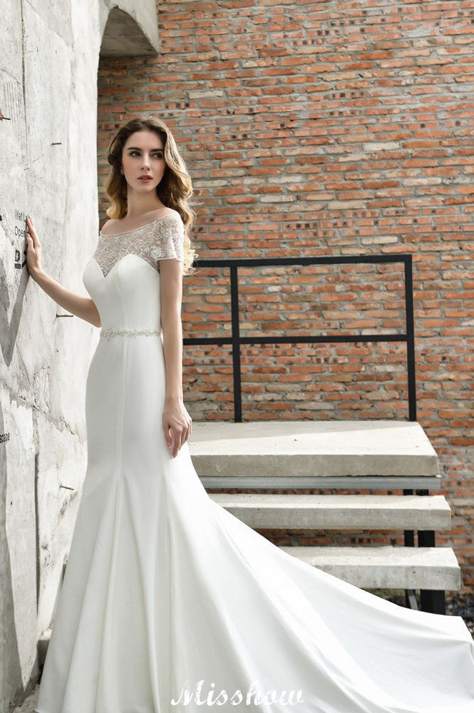 Vestido de novia de sirena, ajustado, de manga corta y estilo barco, de satén, con cola larga y corte en A