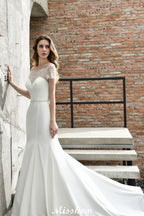 Vestido de novia de sirena, ajustado, de manga corta y estilo barco, de satén, con cola larga y corte en A