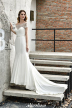 Vestido de novia de sirena, ajustado, de manga corta y estilo barco, de satén, con cola larga y corte en A