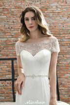 Vestido de novia de sirena, ajustado, de manga corta y estilo barco, de satén, con cola larga y corte en A