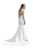 Vestido de novia de sirena, ajustado, de manga corta y estilo barco, de satén, con cola larga y corte en A