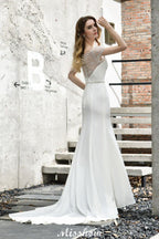 Vestido de novia de sirena, ajustado, de manga corta y estilo barco, de satén, con cola larga y corte en A