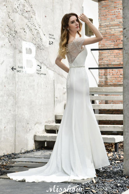 Bateau Kurzarm Schlank Meerjungfrau Brautkleid Satin Brautkleid Sweep/Trump Schleppe
