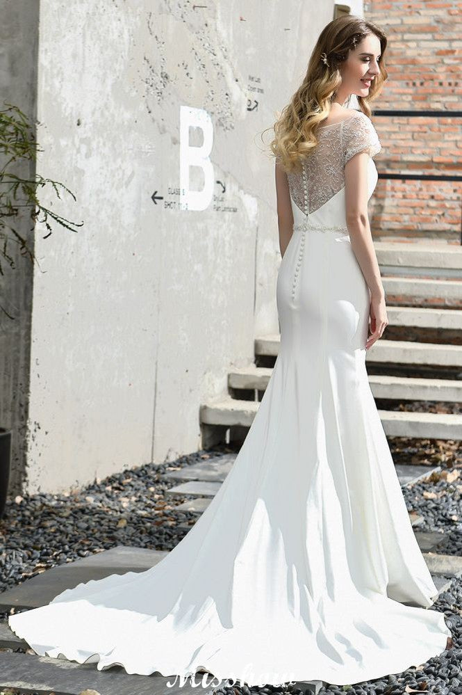 Vestido de novia de sirena, ajustado, de manga corta y estilo barco, de satén, con cola larga y corte en A
