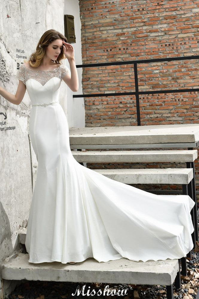 Vestido de novia de sirena, ajustado, de manga corta y estilo barco, de satén, con cola larga y corte en A
