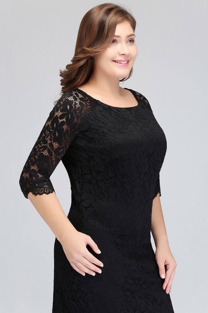 Vestidos de noche negros de encaje con mangas y corte sirena, talla grande, longitud hasta la rodilla