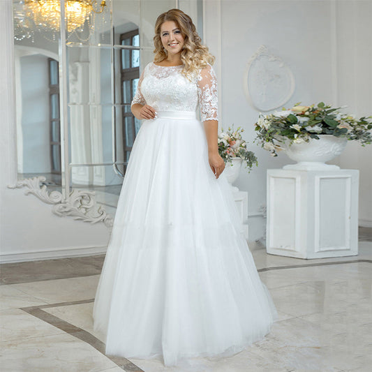 Vintage Beach Wedding Dress Plus Size Boho Lace Applique Three Quarter Sleeves Tulle Bride Gown A-Line Floor Length-payinti