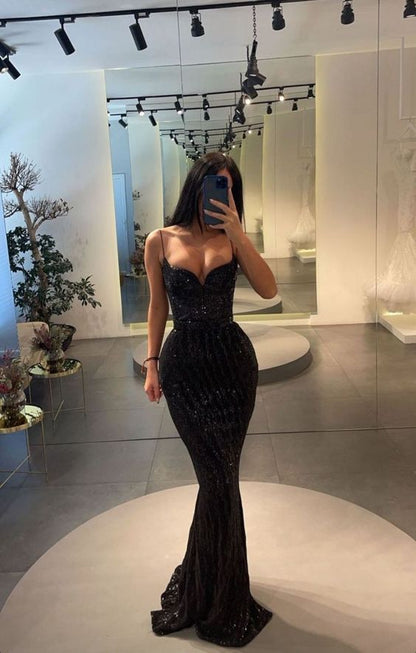 Sparkle Black Mermaid V-Ausschnitt Spaghettiträger Pailletten Lange Abendkleider Y440