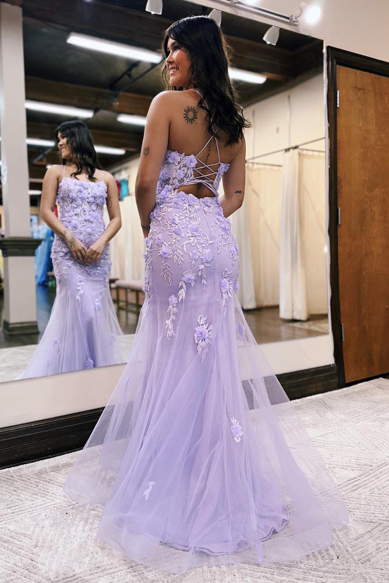 Armani | Vestido de fiesta de sirena lila con escote redondo y apliques