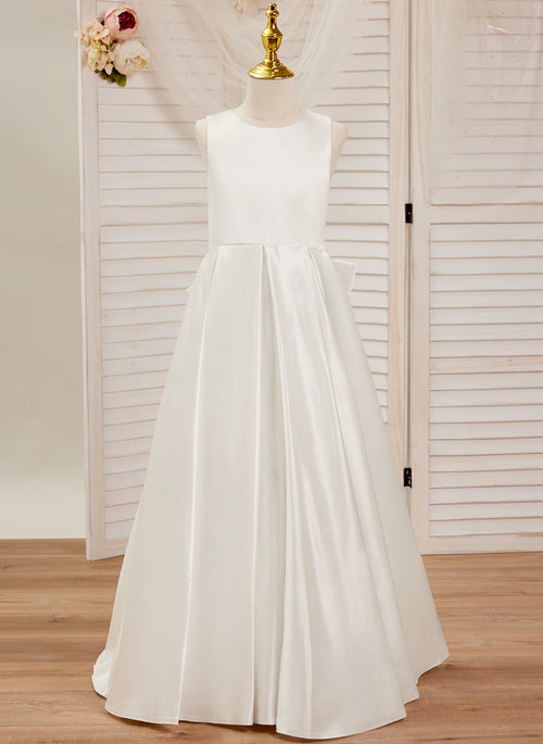 Vestido de niña de las flores de primera comunión con corte A, de satén y encaje hasta el suelo