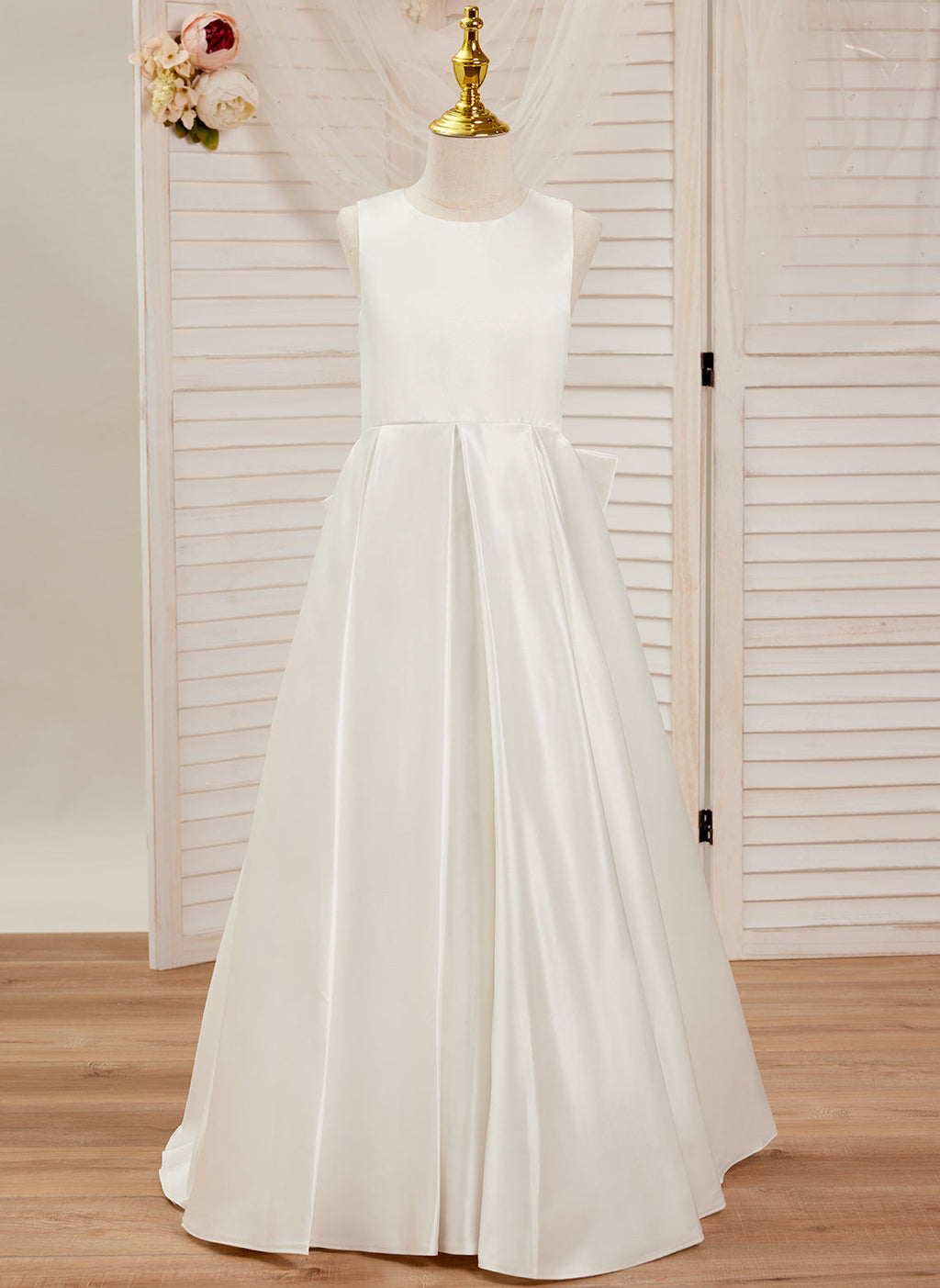 A-Linie Spitze Satin Bodenlang Erstkommunionkleid für Blumenmädchen 