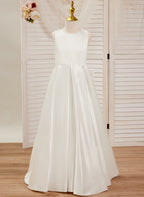 A-Linie Spitze Satin Bodenlang Erstkommunionkleid für Blumenmädchen 