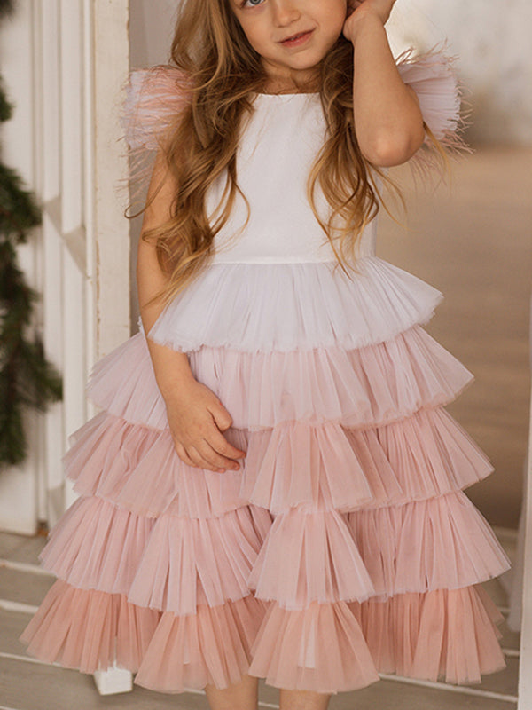 Vestido de princesa de tul rosa, largo hasta la rodilla, con mangas de plumas para niñas de las flores (010224240)