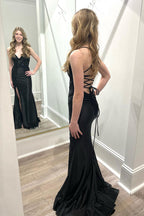 V Neck Satin Mermaid Long Prom Dresses with Slit