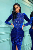 Königliches blaues Meerjungfrau-Ballkleid mit langen Ärmeln