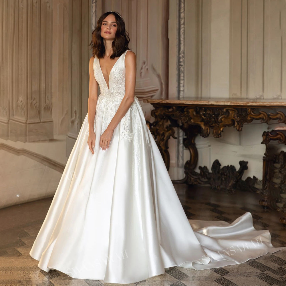 V-neck Sleeveless Wedding Dress 2024 Beading Open Back Court Train Princess Bride Gown SwanSarah P277 Plus Size Vestido De Novia-payinti