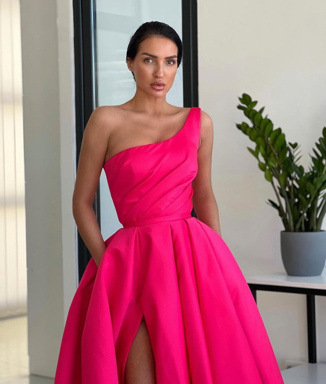 Charming A Line One Shoulder Fuchsia Sequins Long Prom Dresses with Slit