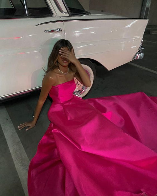 Trägerloses Hot Pink Satin Langes Abendkleid Elegantes Abendkleid Y441