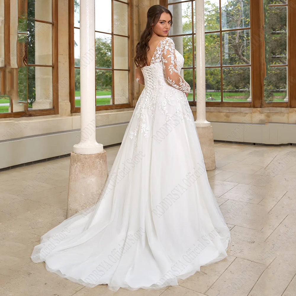 Pastrol Wedding Dresses Plus Size Long Sleeves Lace Up Bride Gowns Applique A-Line Tulle V-Neck vestido de noiva-payinti