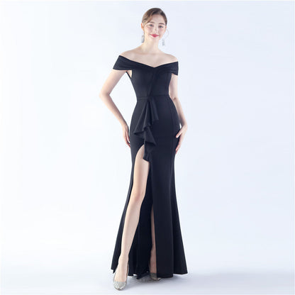 Classic Satin Off Shoulder Long Evening Dress – Elegant & Timeless