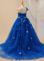 Prinzessin Ballkleid Blumenmädchenkleid mit Applikationen und Schleife Königsblau 