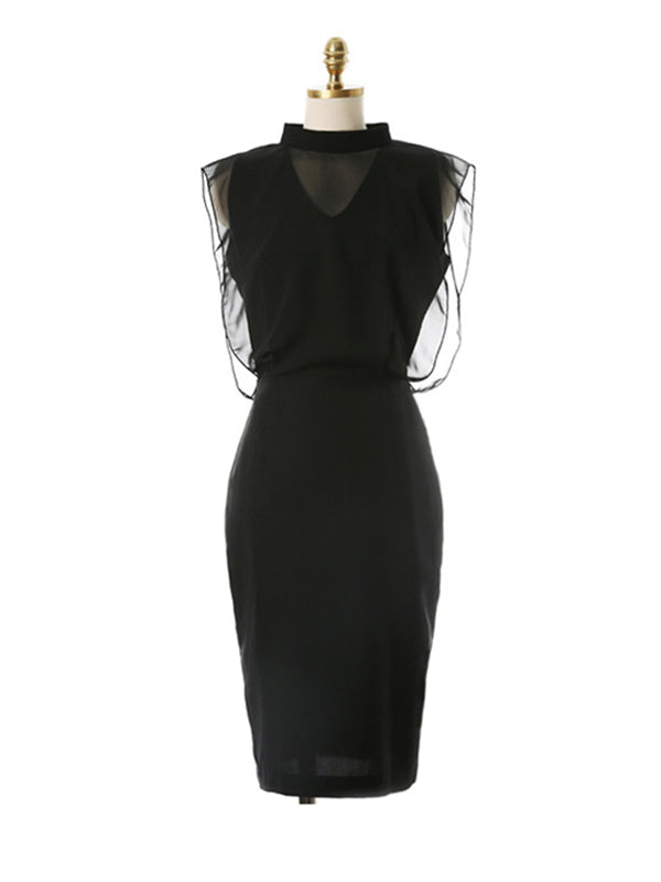 Loose Sleeveless Gauze Hollow See-Through Split-Joint Zipper Stand Collar Evening Dresses Midi Dresses