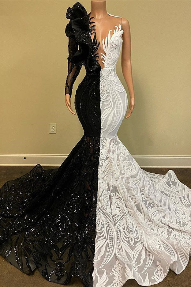 Long Sleeves Black and White Mermaid Lace Prom Dress