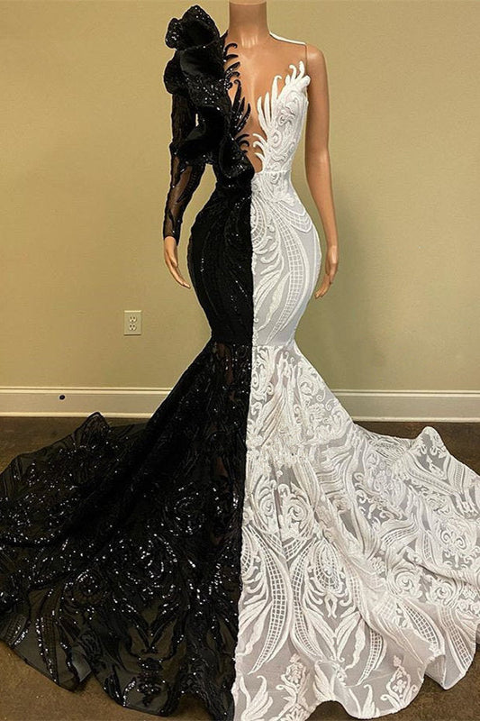 Long Sleeves Black and White Mermaid Lace Prom Dress