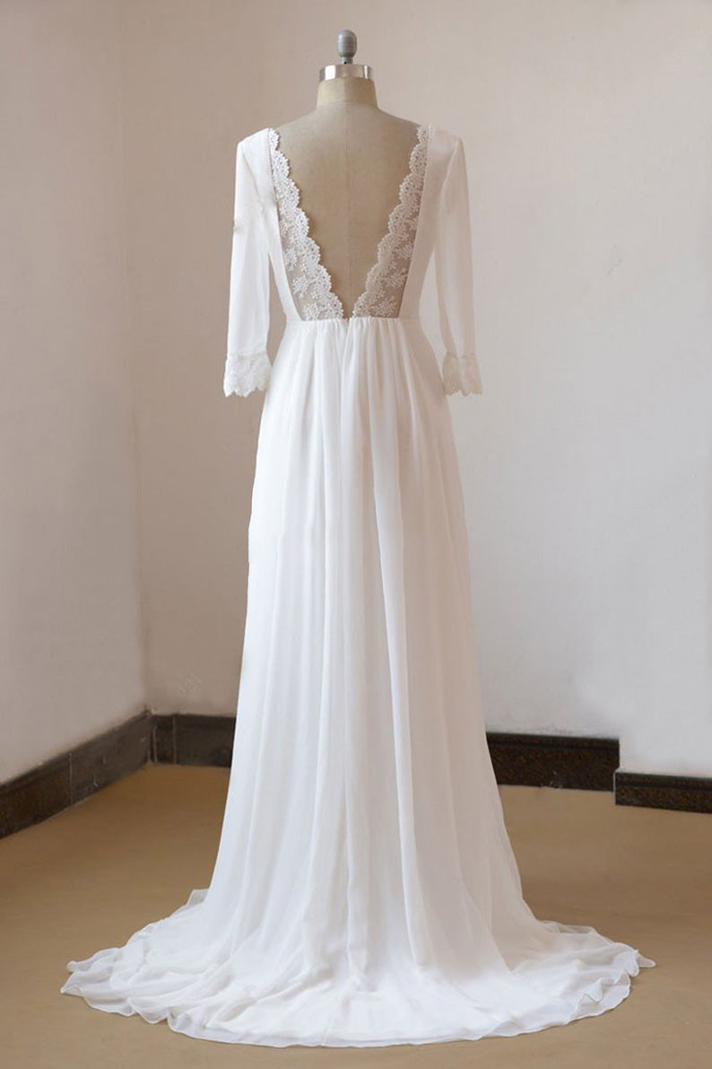 Strandlanges, rückenfreies Chiffon-Brautkleid in A-Linie mit Ärmeln