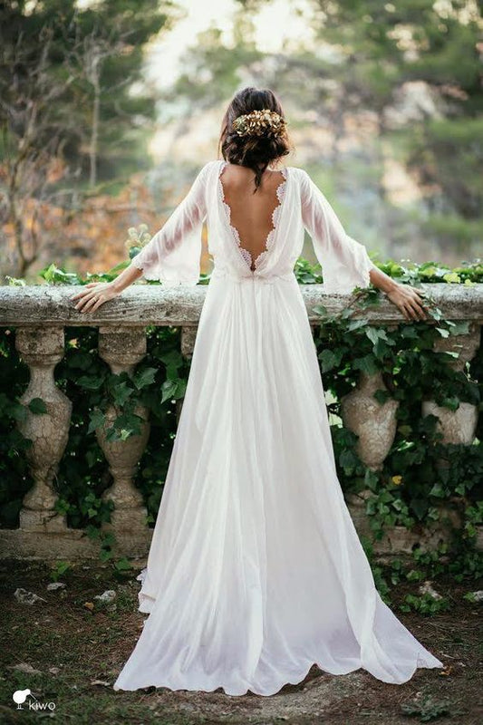 Strandlanges, rückenfreies Chiffon-Brautkleid in A-Linie mit Ärmeln