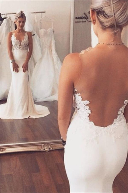 Vestidos de novia largos de sirena con escote en V, encaje y espalda abierta para playa
