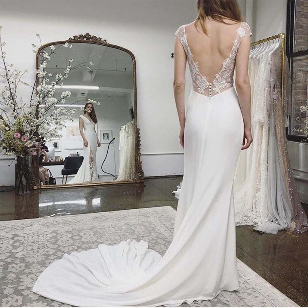 Vestido de novia de playa con mangas cortas, apliques y espalda descubierta de encaje WD431