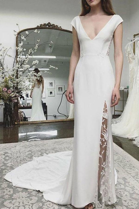 Vestido de novia de playa con mangas cortas, apliques y espalda descubierta de encaje WD431