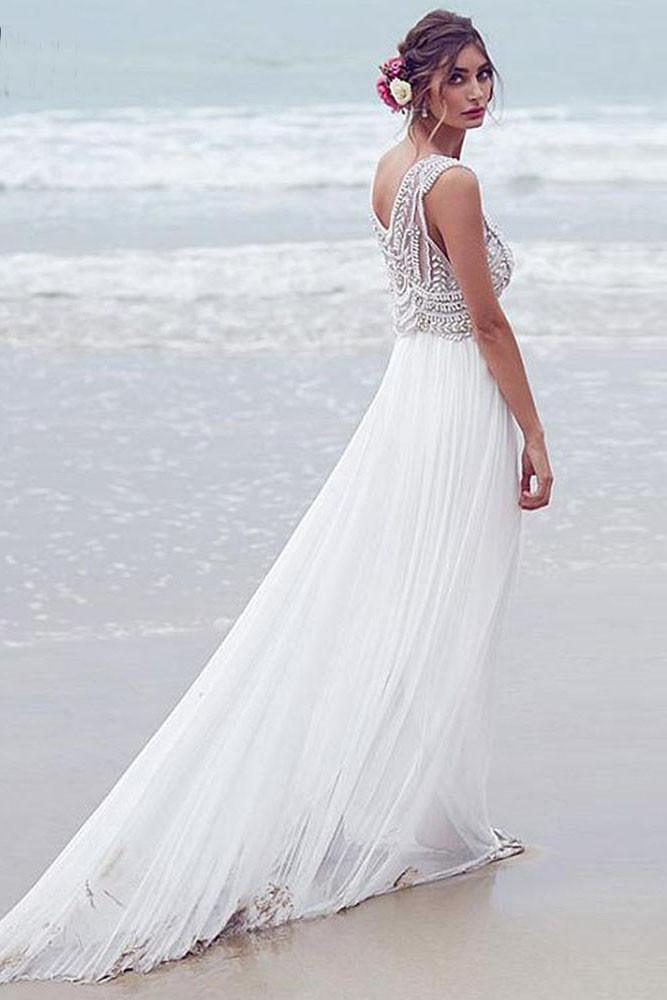 Vestidos de novia de playa, corte A, escote en V, cola corta, sexy, WD526