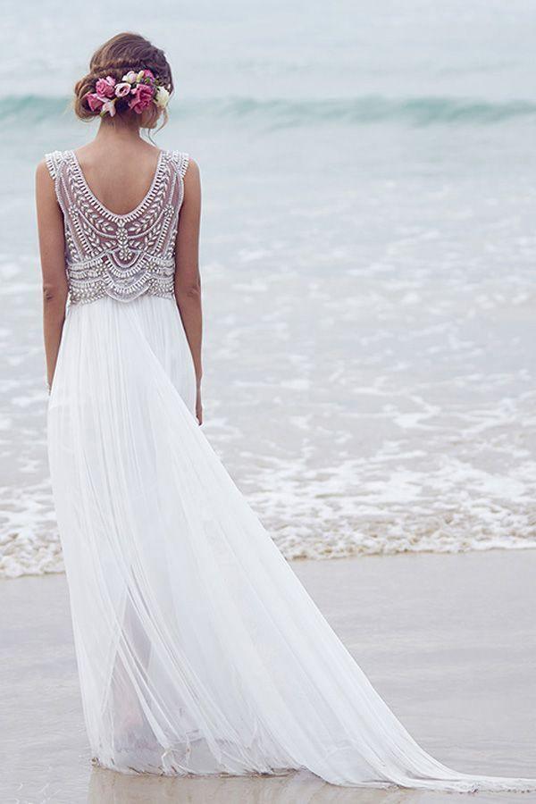 Vestidos de novia de playa, corte A, escote en V, cola corta, sexy, WD526