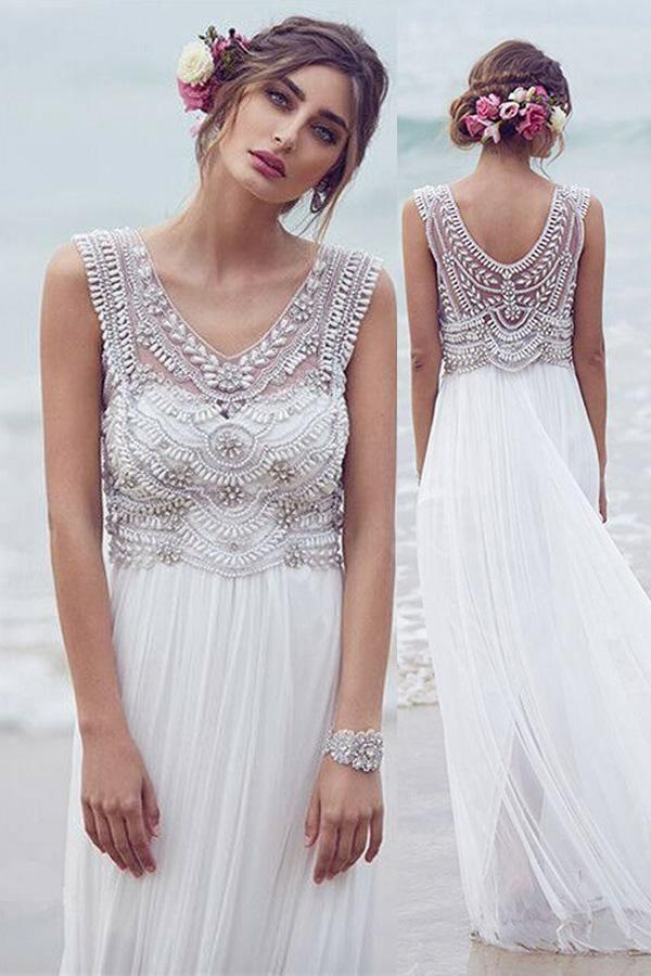 Vestidos de novia de playa, corte A, escote en V, cola corta, sexy, WD526