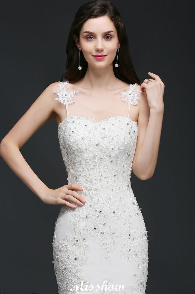 Perlenbesetztes Meerjungfrau-Spaghettiträger-romantisches Brautkleid