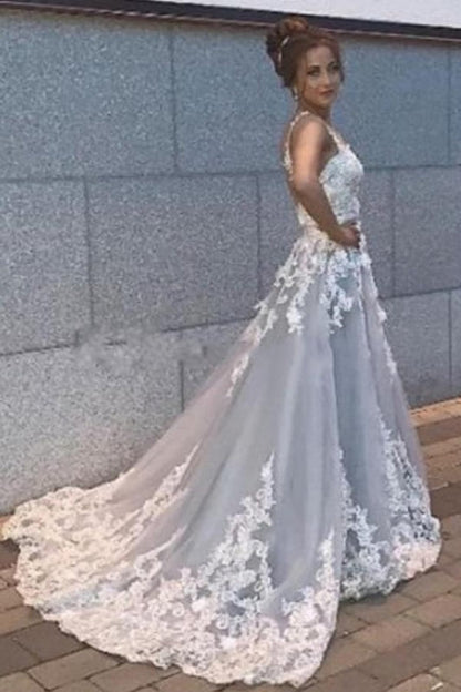 Hermosos vestidos de fiesta largos sin mangas con escote en forma de A y encaje