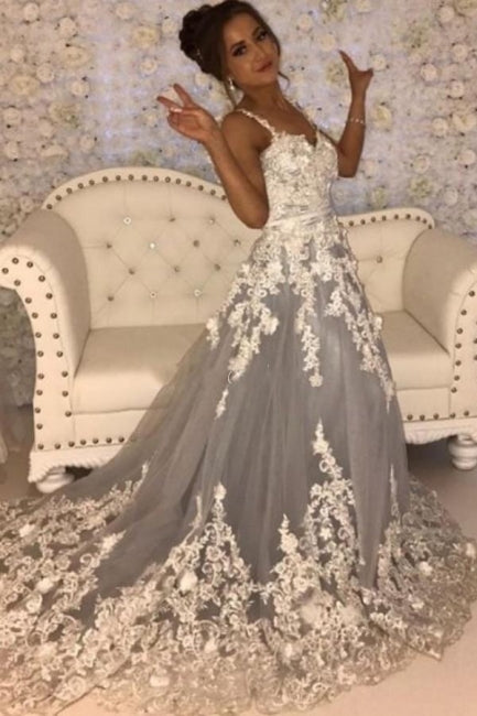 Hermosos vestidos de fiesta largos sin mangas con escote en forma de A y encaje