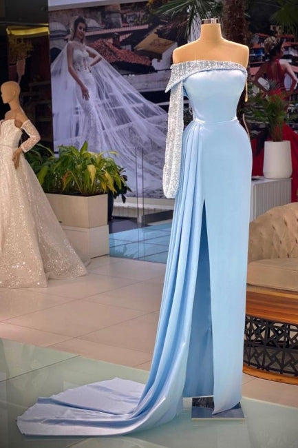 Hermosos vestidos de fiesta de manga larga con hombros descubiertos y corte A con purpurina