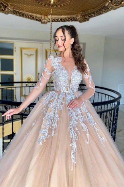 Wunderschönes A-Linien-Brautkleid aus Tüll mit Spitze, V-Ausschnitt, langen Ärmeln und Rüschen