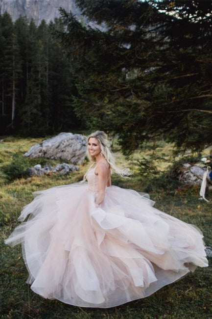 Beautiful A-line V-neck Backless Tulle Sleeveless Wedding Dresses